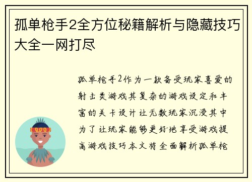孤单枪手2全方位秘籍解析与隐藏技巧大全一网打尽